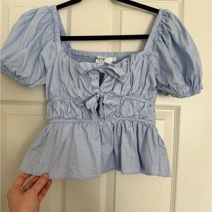 ASTR The Label Sky Blue Puff Sleeve Bow Front Peplum Top Size Small